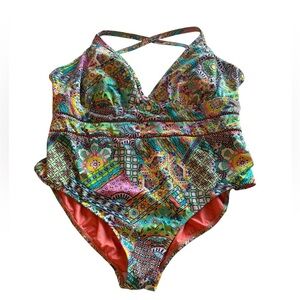 Colorful Boho Print One Piece Swimsuit 22W Adjustable Straps Tummy Control 0015